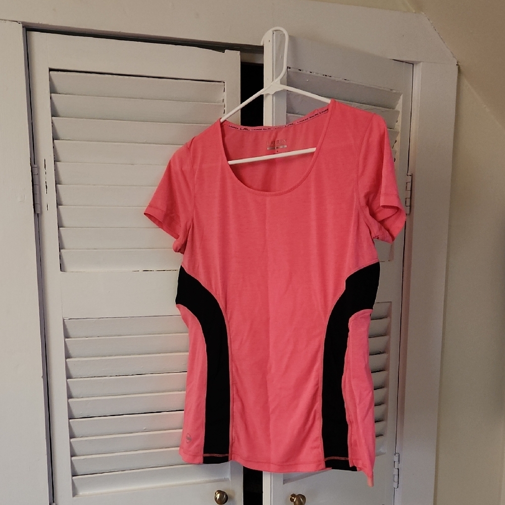 NWOT!!Lauren Ralph Lauren Coral Pink Short-Sleeve Tee with Black Side Panels